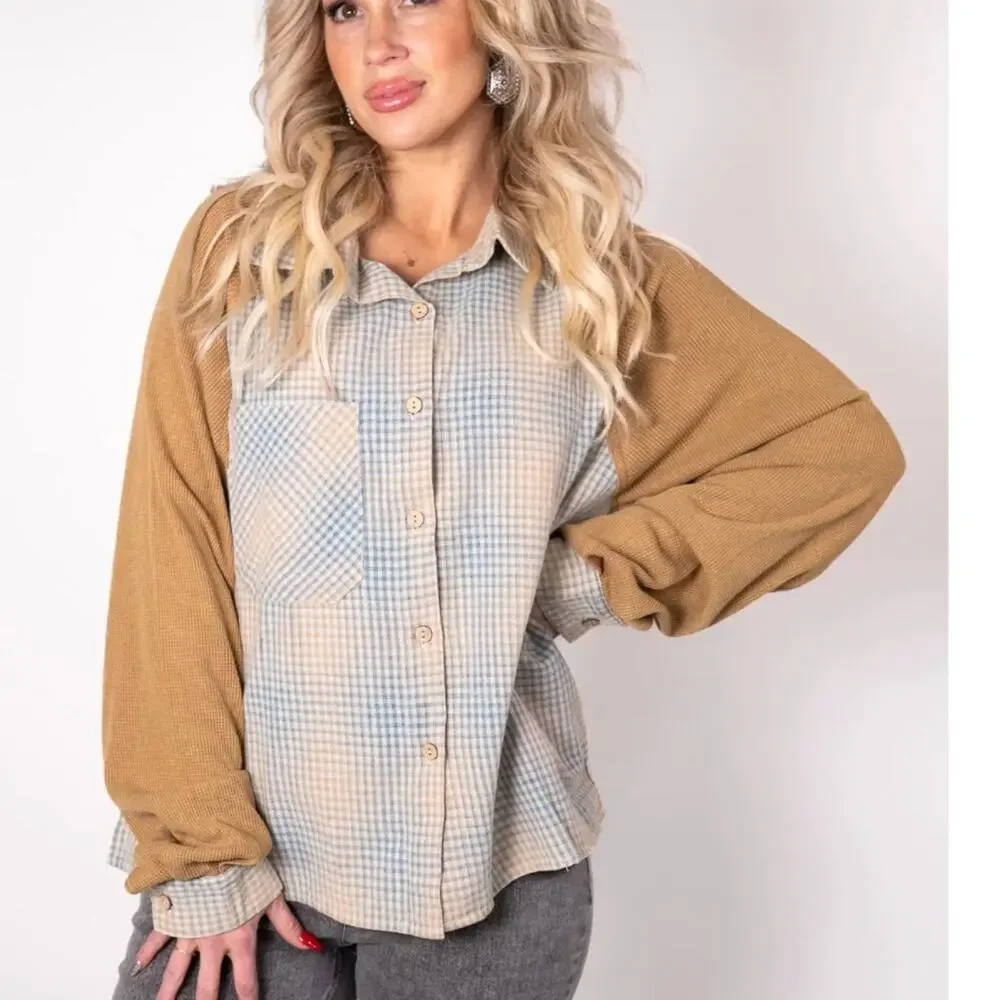 Waffle Sleeve Plaid Button-Up Top in Tan and Light Blue NWT - Picture 9 of 9